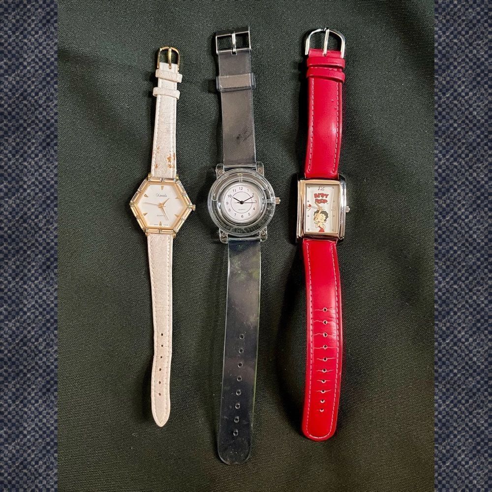 Lot of 3 Wrist Watches Y2K 90s Betty Boop Clear Water Watch White Leather Swiss